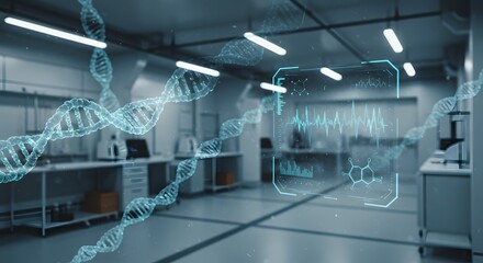 Futuristic Genetic Research with Holographic DNA and Vital Signs HUD in a Modern Laboratory.