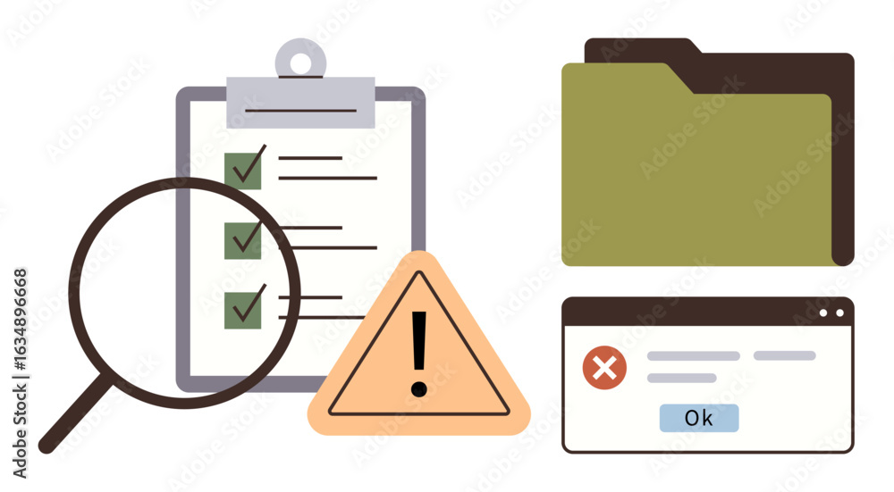 Poster magnifying glass inspecting checklist, warning sign, file folder, error message popup. ideal for qua