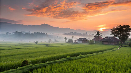 Obraz premium A serene sunrise over the lush rice fields in a tranquil rural landscape