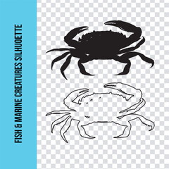 Water Animal Silhouettes on White Background , Shark, Dolphin, Whale, Octopus, Squid, Clownfish, Seahorse, Crab, Lobster, Jellyfish