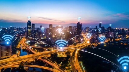 Wireless City: Futuristic Network Connectivity Over Urban Landscape at Sunset - Powered by Adobe