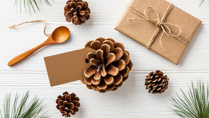 Rustic christmas flat lay with pine cones gift and wooden spoon