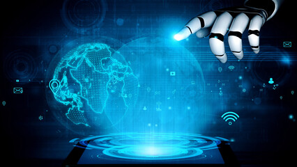 A vibrant blue representation of a robotic hand reaching toward a digital globe, showcasing advanced technology and information connections in a futuristic setting. Xenic