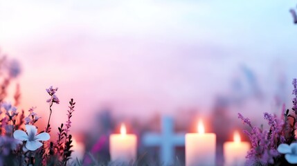 Candles flowers and cross glowing in pastel light