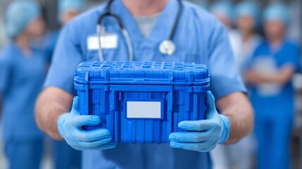 Medical professional transporting organ cooler hospital medical image clinical environment close-up organ donation