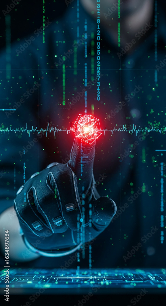 Poster gloved hand interacts with glowing red network node, digital data streams in background, representin