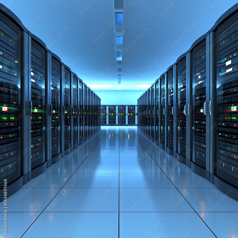 Poster modern server room with rows of computer racks and blue lighting