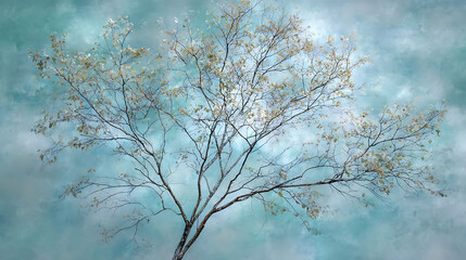 Obraz premium Delicate tree branches with sparse leaves against a textured teal sky image