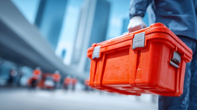 Logistics and preservation insulated cooler box in urban environment action packed scene focused view