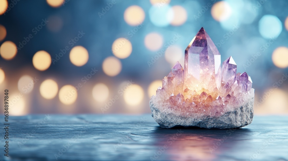 Poster amethyst crystal cluster on surface with bokeh lights background