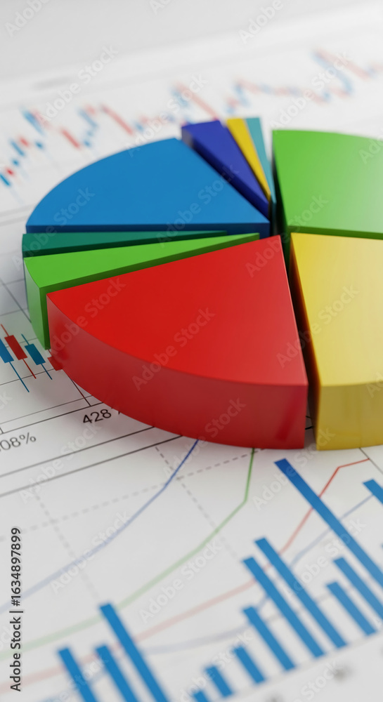 Poster close-up of colorful 3d pie chart on financial report, showcasing data visualization and business an