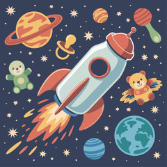 Fototapeta premium whimsical space adventure with rocket, planets, teddy bear, pacifier and toys in a starry sky for kids and nursery decor
