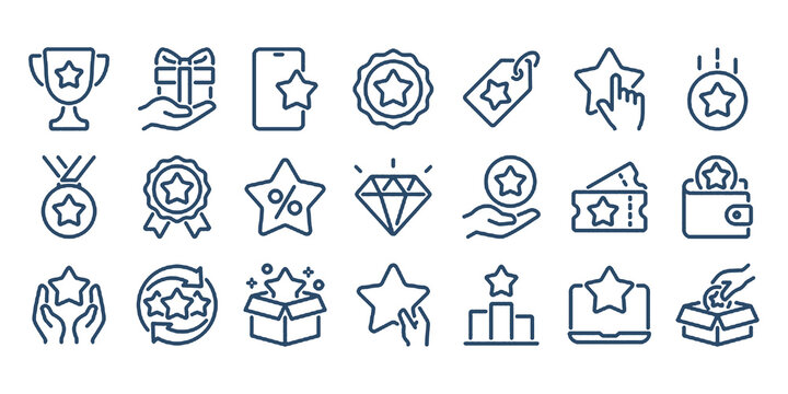 Exclusive benefit, prize, incentive, reward editable stroke outline icons set isolated on white background flat vector illustration.