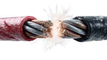 Close up of sparking electrical wires showing a short circuit with energy discharge and potential danger isolated on transparent background