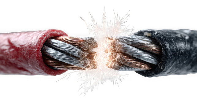 Close up of sparking electrical wires showing a short circuit with energy discharge and potential danger isolated on transparent background