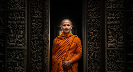 Naklejka premium Enlightened Presence: A Monk in the Temple - A Young Monk in a Traditional Orange Robe, Standing in a Carved Stone Doorway, Embodying Serenity and Spiritual Grace