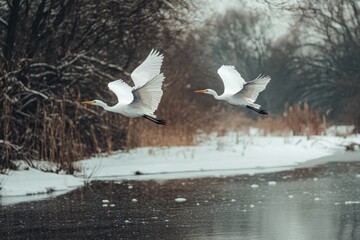 White herons soar gracefully over a winter river with snow-covered banks, white herons flying slow motion over a winter river