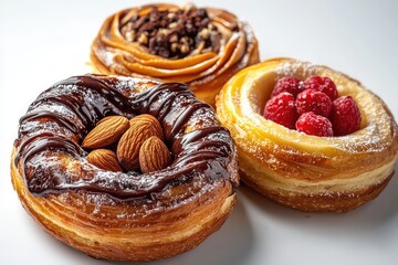 Fototapeta premium A selection of Danish kringle, featuring various fillings like almond and raspberry