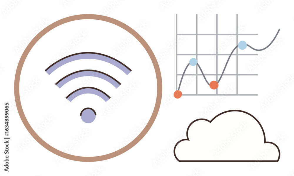 Aufkleber wireless signal inside circle, cloud outline, and line graph with points. ideal for technology, wire