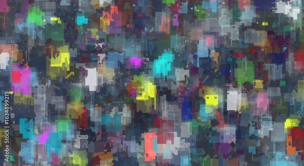 Poster vibrant abstract digital art with colorful geometric patterns and pixelated design