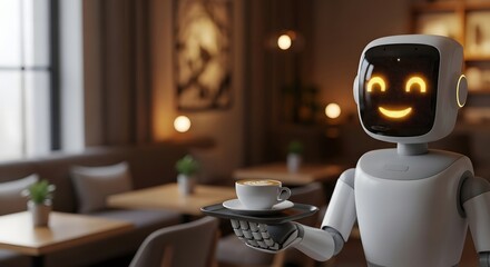 Friendly robot serving coffee in cozy cafe