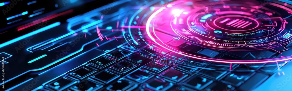 Poster a futuristic digital interface featuring vibrant neon patterns and a keyboard illuminated by bright 