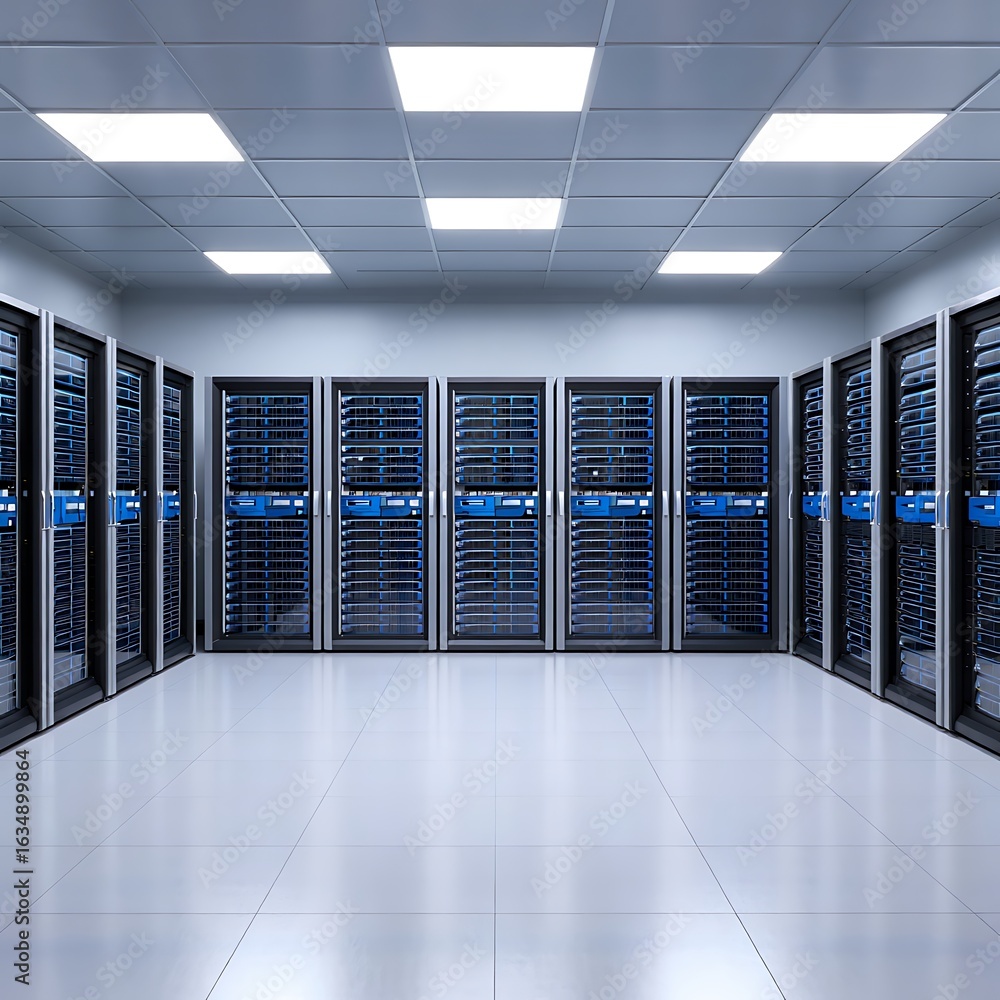 Poster modern server room with rows of computer racks and blue lights