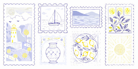 Collection of artistic stamps featuring coastal scenes and botanical designs
