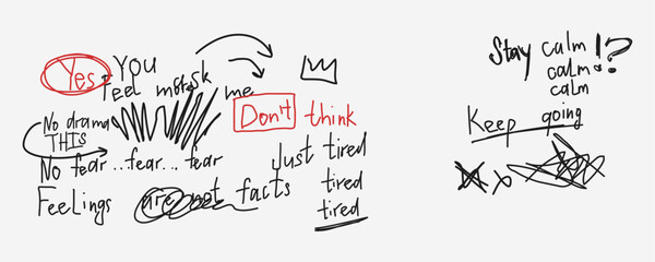 Abstract handwritten words and sketches with emotional phrases, scribbles and motivational text. Vintage grunge illegible calligraphy. Vector modern typography script. Retro poem draft graphics.