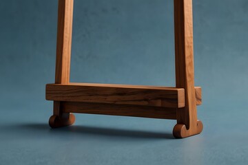Wooden Easel or Frame Stand for Artwork Display with Minimalist Modern Design on Blue Background
