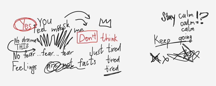 Abstract handwritten words and sketches with emotional phrases, scribbles and motivational text. Vintage grunge illegible calligraphy. Vector modern typography script. Retro poem draft graphics.