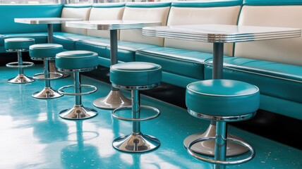 Retro Diner Booth Seating: Teal Vinyl, Chrome Stools, and White Tables