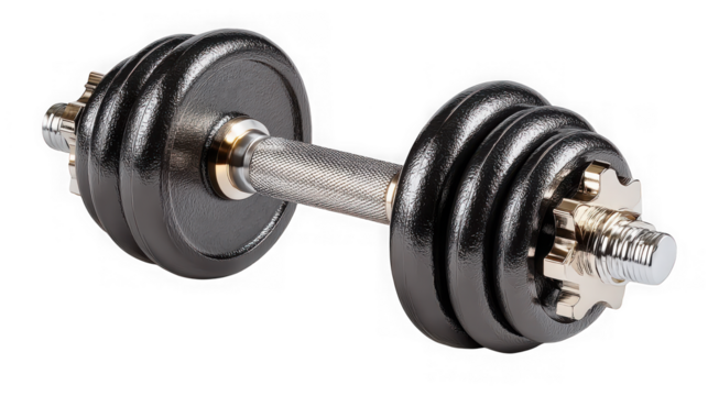 A shiny chrome dumbbell with black weights sits isolated on a transparent background ready for a workout session