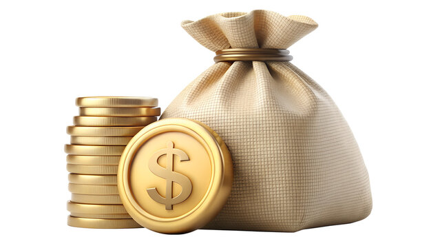 Money bag with coins, isolated on transparent background