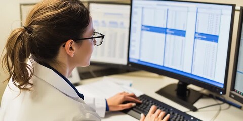 A female service rep, glasses, medical technology professional in a lab coat, looking at a computer screen, monitoring customer service, side view profile, records, analyizing, high tech; HIPAA - Powered by Adobe