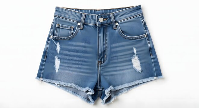 Stylish distressed denim shorts isolated on white background