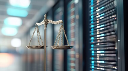 Balance scale before data server center for legal tech and cybersecurity concepts