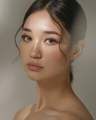 Serene Asian Woman, Minimalist Makeup, Soft Lighting, Skincare Beauty Portrait