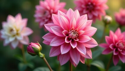 Obraz premium Pink and white dahlia blooms in Arbatax, Sardinia , beautiful, spring
