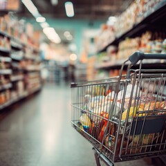 A Grocery Shopping Cart View in a Supermarket Aisle Full of Various Products