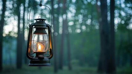 Vintage Oil Lantern Glowing in Serene Forest at Dusk