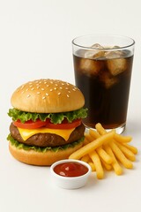 Burger, Fries, Sauce and Cola on White Background