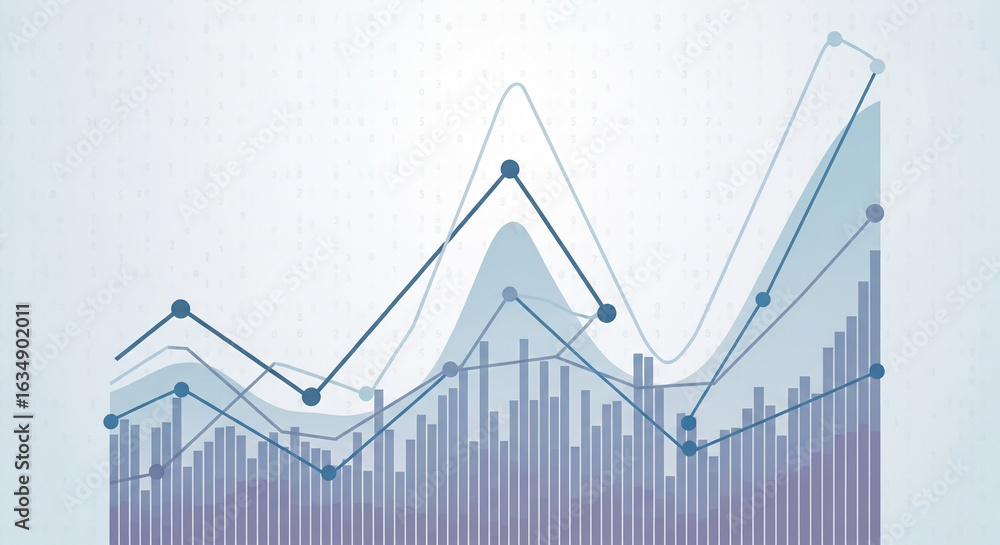 Poster abstract graphic with multiple line and bar graphs in blue and purple hues on a light grey backgroun