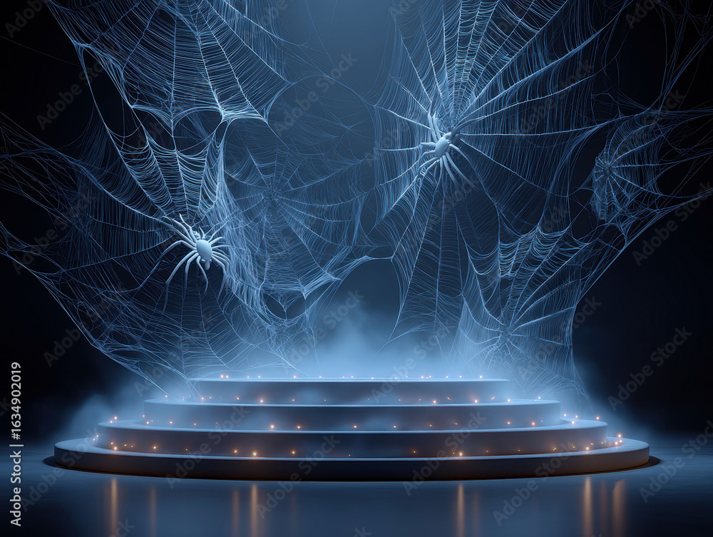 Poster a conceptual 3d halloween product display stand, set in an amphitheater with concentric circled floo