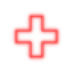 Glowing red neon plus sign icon symbol with bright light on transparent background for medical emergency hospital clinic first aid healthcare logo design