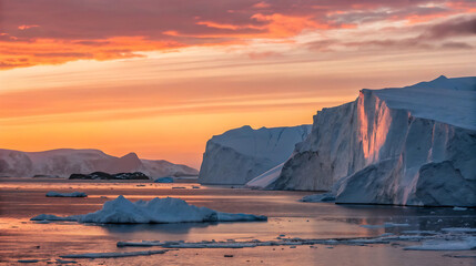 Majestic icebergs floating in the arctic sea at sunset with colorful sky