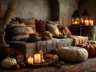 A cozy autumnal setting with a large wooden bench and decorative pillows, pumpkins of various sizes and colors, lit candles, a rustic backdrop, and a small stable door lantern - AI-Generated