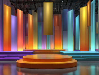 Vibrant, colorful product display for Black Friday on a central 3D podium Translucent columns with tie-dye effect purple, blue, yellow, orange Reflective floor enhancing lighting ef - AI-Generated