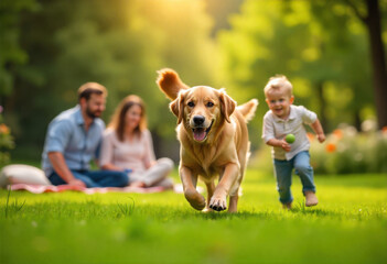 Obraz premium Golden retriever running toward camera with family in background