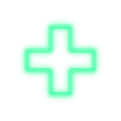 Glowing green neon plus sign icon symbol with bright light on transparent background for medical emergency hospital clinic first aid healthcare logo design
